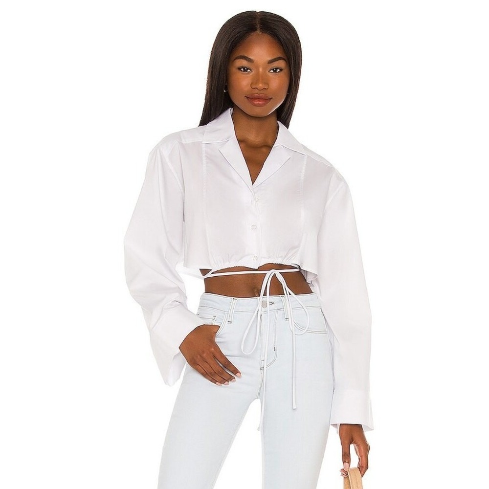 L'Academie Kinsley Top White Cropped Collared Poplin Waist Tie Light Academia